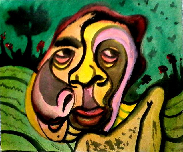 Rosto deformado em amarelo e rosa sobre verde