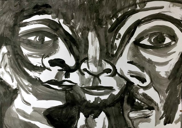 Dois rostos colados, de olhos grandes, em pinceladas largas