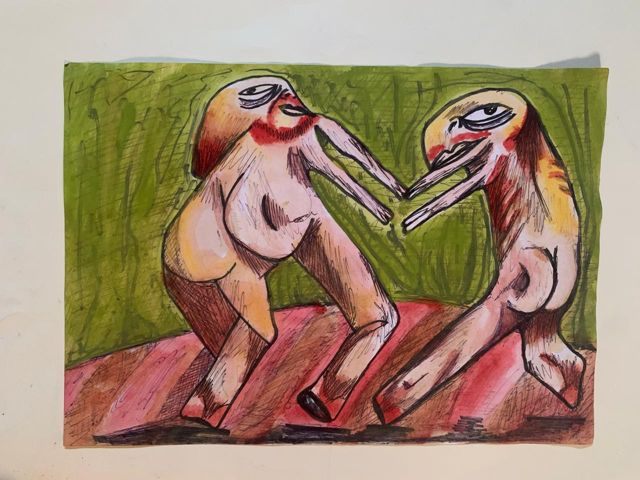 Duas figuras nuas de bico se encarando, sobre fundo verde