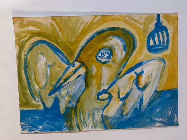 Pássaro azul e amarelo de asas abertas, com uma cúpula ao fundo