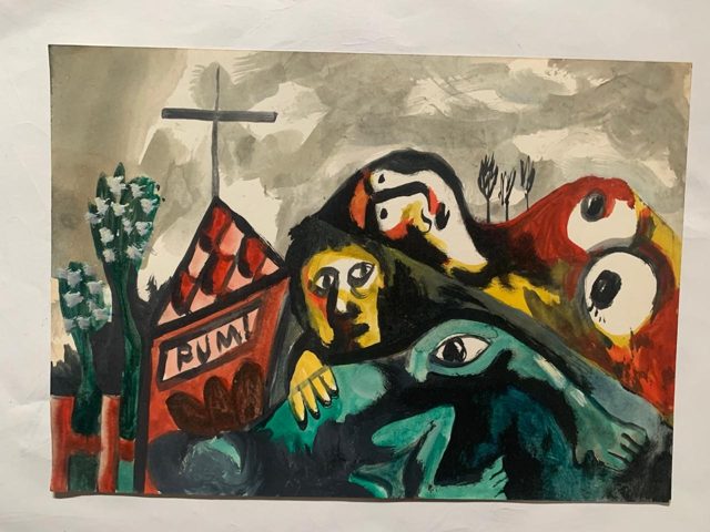 Igreja com cruz e figuras amontoadas